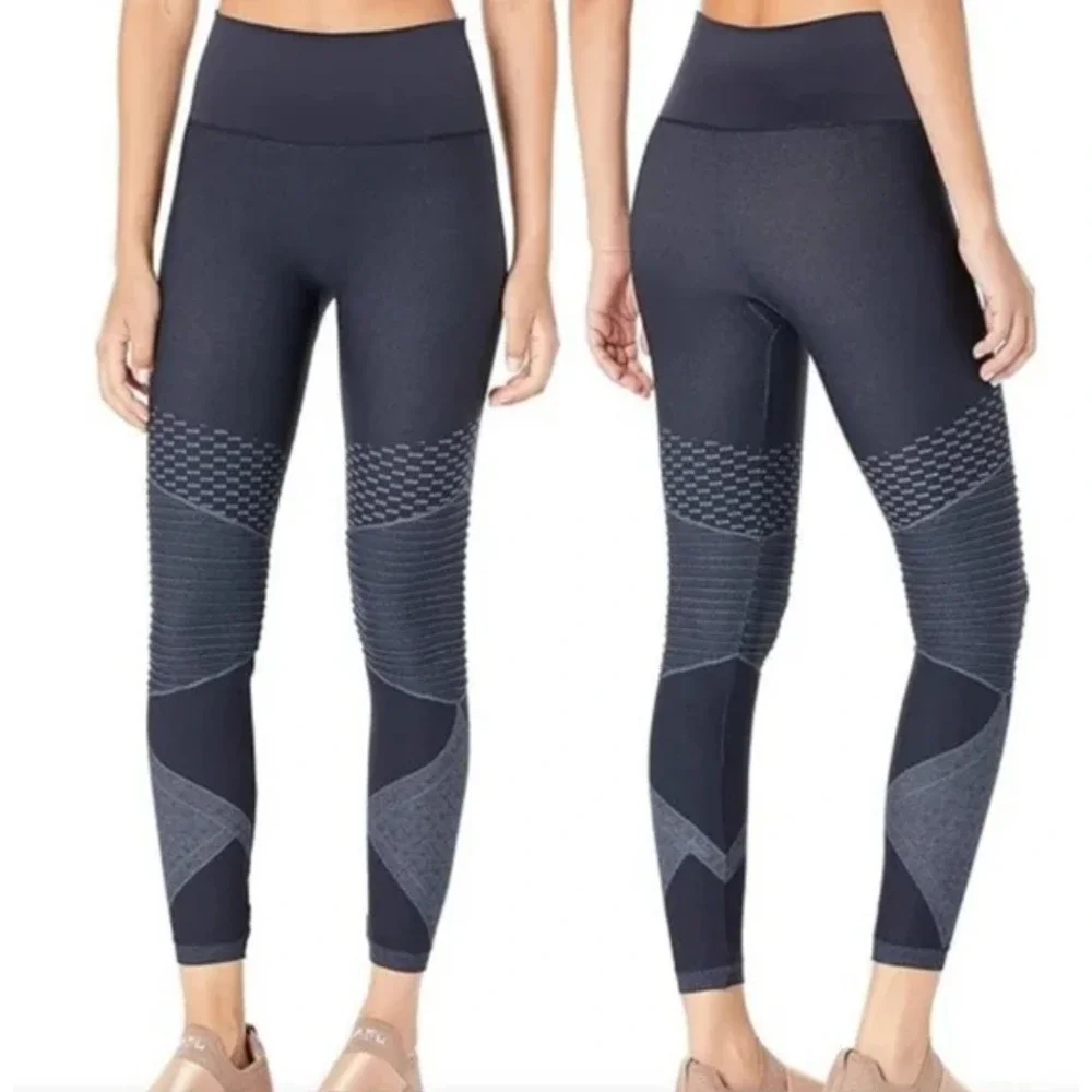 Spanx Leggings Womens L Large Black Blue Panel Seamless Moto High Rise Stretch